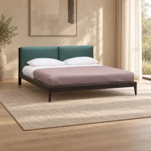 Teal Twin-Cushion Headboard Bed on Metal Legs in olive — front view