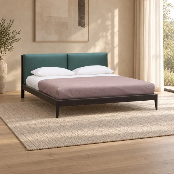 Teal Twin-Cushion Headboard Bed on Metal Legs in olive — in a room setting
