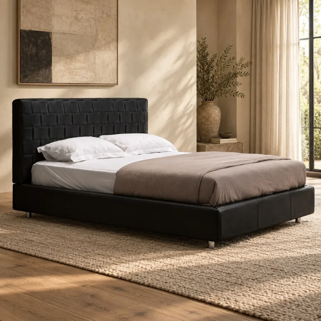 Black Woven-Panel Headboard Bed in black — front view
