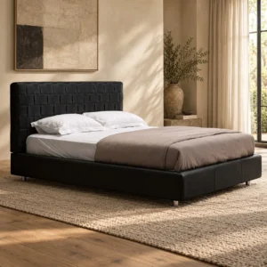Black Woven-Panel Headboard Bed in black — front view