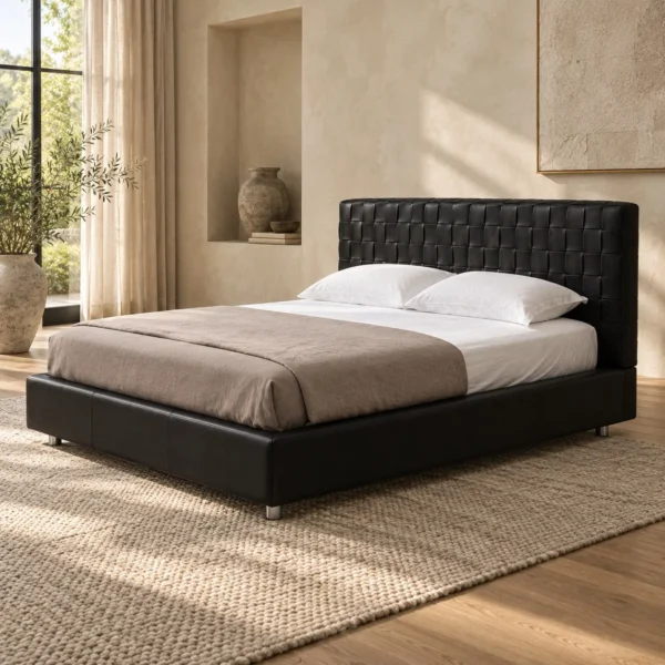 Black Woven-Panel Headboard Bed in black — in a room setting