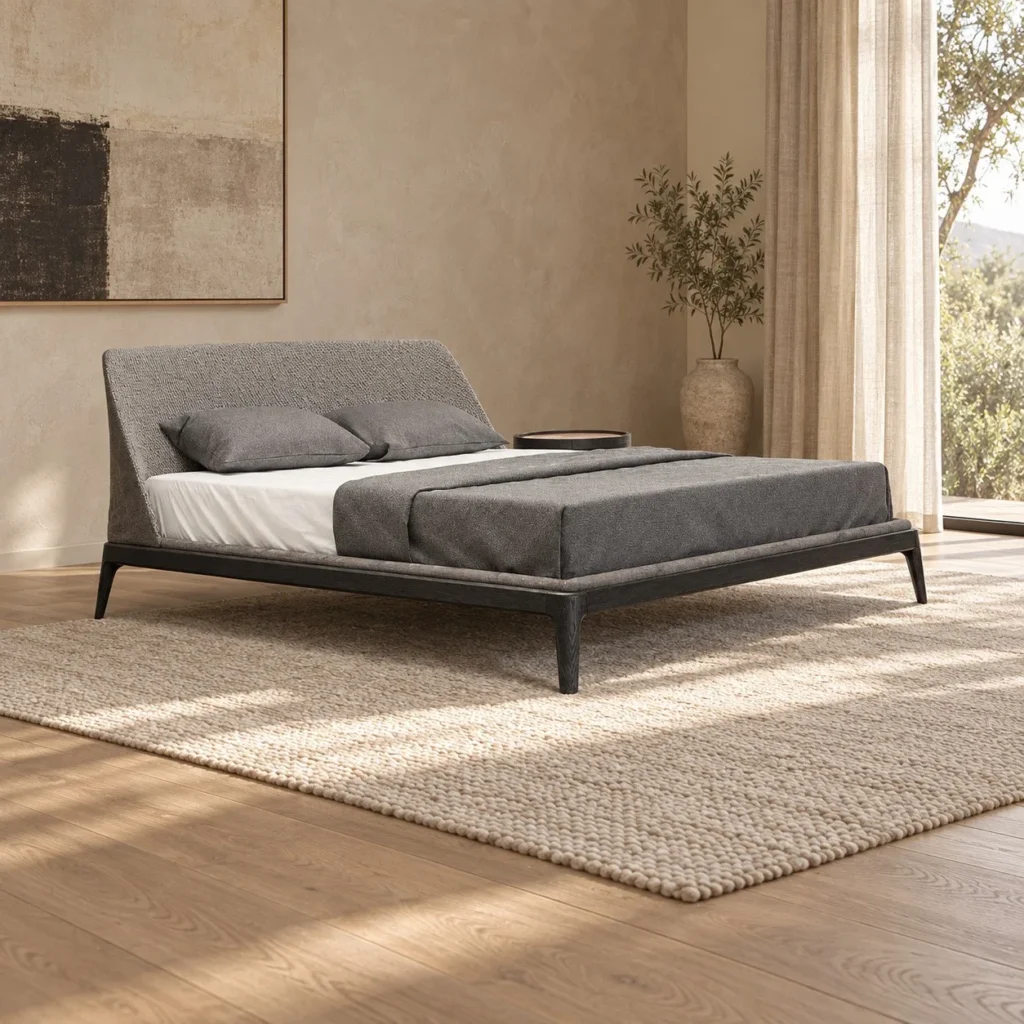 Grey Angled-Headboard Bed on Splayed Legs in slate — front view