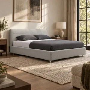 Light Grey Upholstered Bed with Padded Headboard in slate — front view