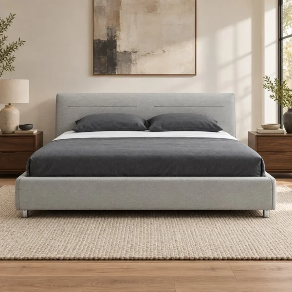 Light Grey Upholstered Bed with Padded Headboard in slate — in a room setting