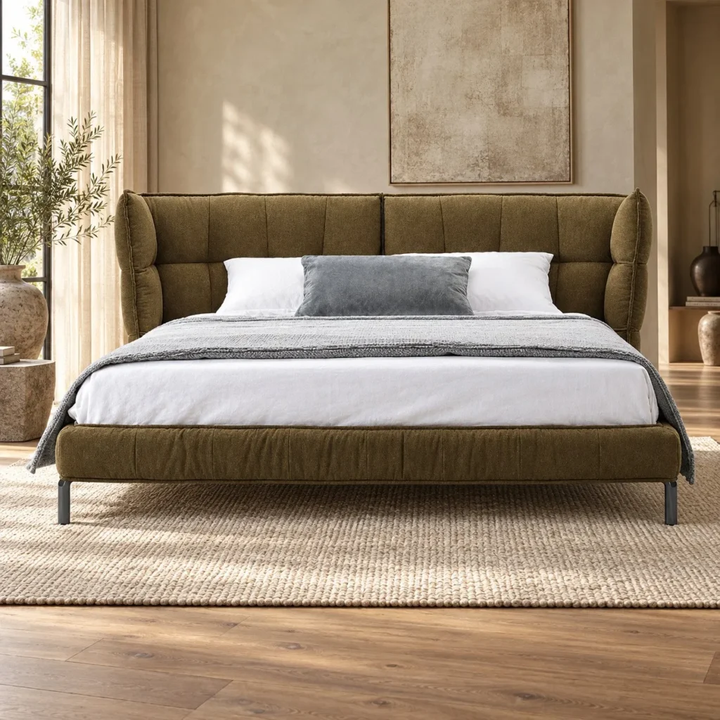 Olive Channel-Tufted Wingback Bed in olive — front view