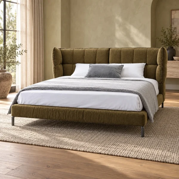 Olive Channel-Tufted Wingback Bed in olive — in a room setting