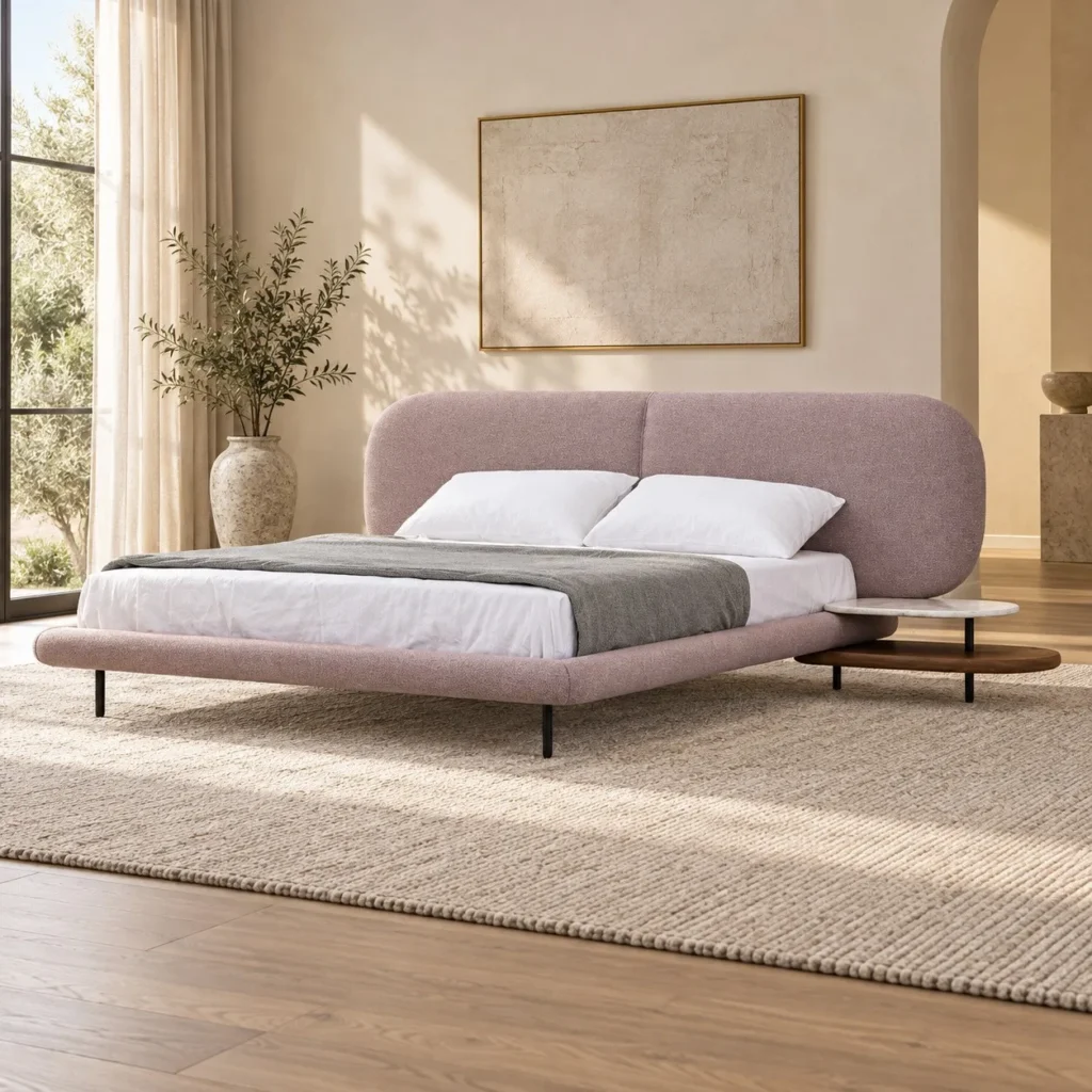 Dusty Pink Curved-Headboard Bed with Side Shelf in rose stone — front view
