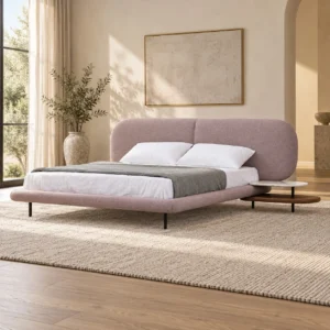 Dusty Pink Curved-Headboard Bed with Side Shelf in rose stone — front view
