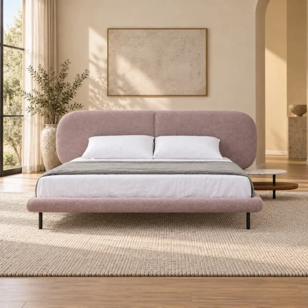 Dusty Pink Curved-Headboard Bed with Side Shelf in rose stone — in a room setting