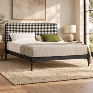 Houndstooth Headboard Bed with Wood Trim in black — front view