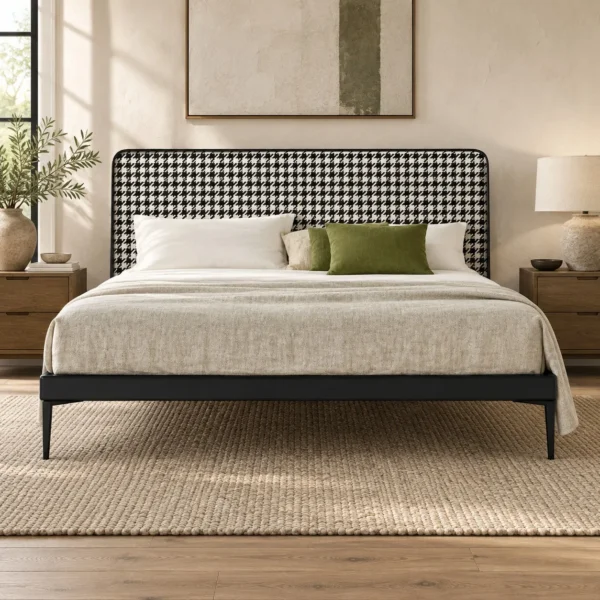 Houndstooth Headboard Bed with Wood Trim in black — in a room setting