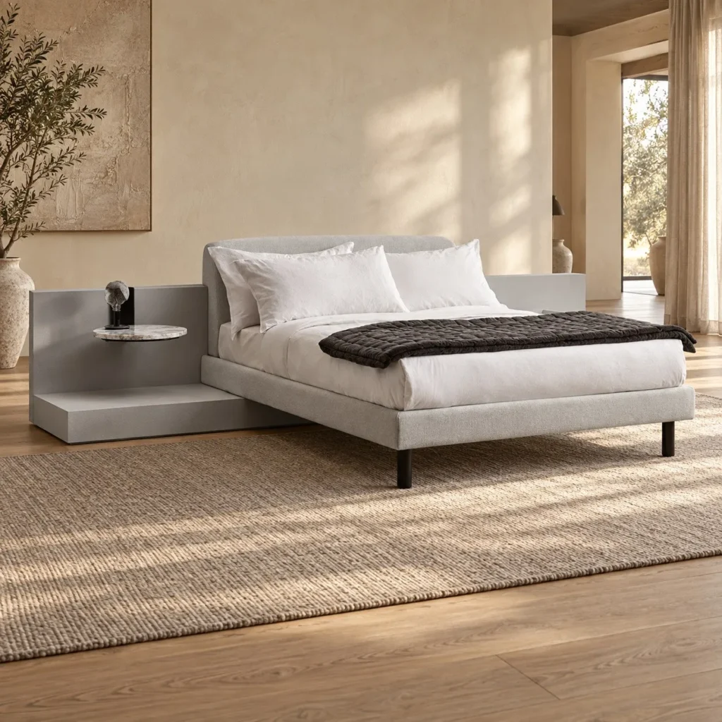 Grey Low Bed with Integrated Bedside Ledges in slate — front view