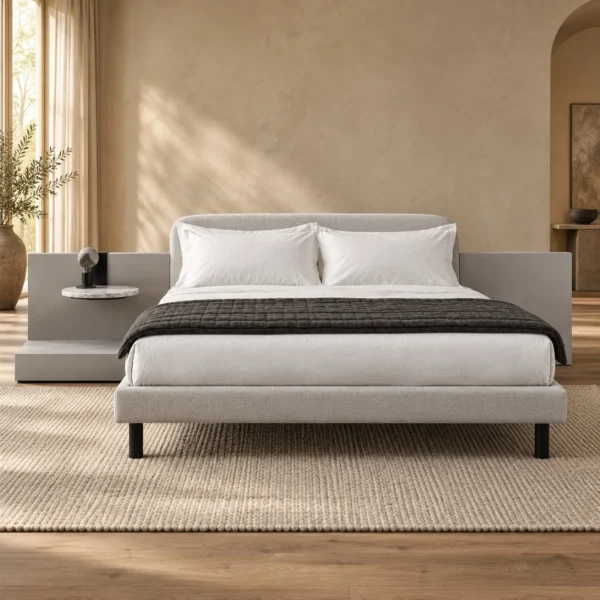 Grey Low Bed with Integrated Bedside Ledges in slate — in a room setting