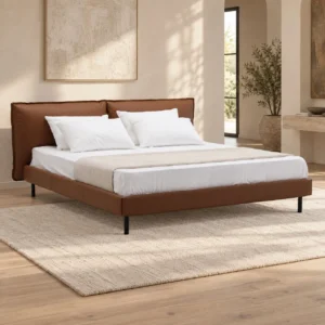 Rust Leather Wrapped Bed with Loose Cushion Headboard in clay — front view