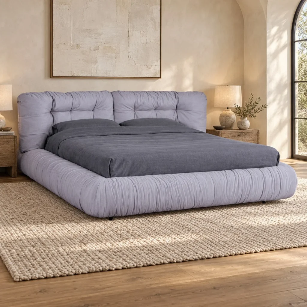 Lavender Ruched Upholstered Bed in plum — front view