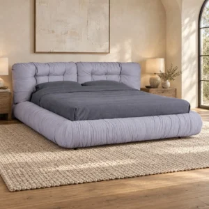 Lavender Ruched Upholstered Bed in plum — front view