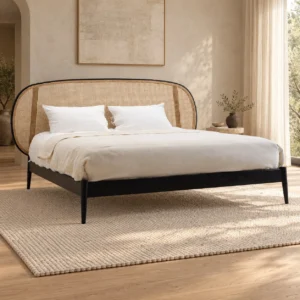 Black Frame Bed with Arched Cane Headboard in black — front view