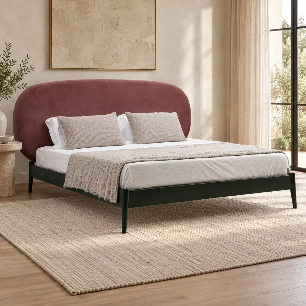 Burgundy Rounded-Headboard Bed on Black Frame in burgundy — front view