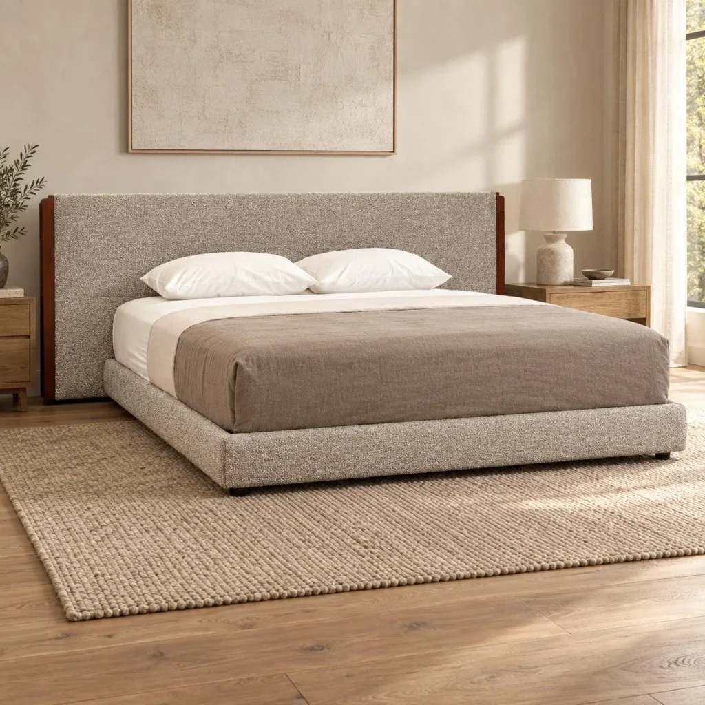 Greige Wide-Headboard Bed with Walnut Edge in sand — front view