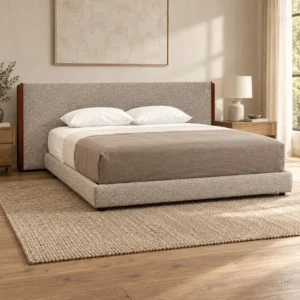 Greige Wide-Headboard Bed with Walnut Edge in sand — front view