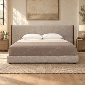 Greige Wide-Headboard Bed with Walnut Edge in sand — in a room setting