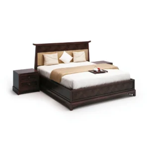 Dark Wood Panelled Bed with Nightstand in clay — front view
