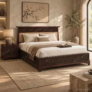 Dark Wood Panelled Bed with Nightstand in clay — in a room setting