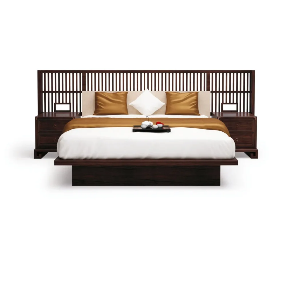 Dark Wood Slatted-Screen Bed with Integrated Nightstands in clay — front view