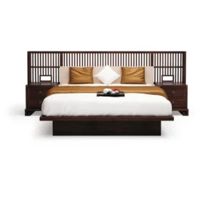 Dark Wood Slatted-Screen Bed with Integrated Nightstands in clay — front view