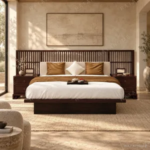 Dark Wood Slatted-Screen Bed with Integrated Nightstands in clay — in a room setting