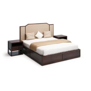 Dark Wood Bed with Upholstered Panel Headboard and in clay — front view
