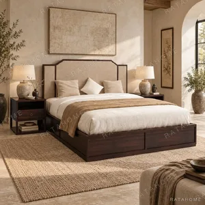Dark Wood Bed with Upholstered Panel Headboard and in clay — in a room setting