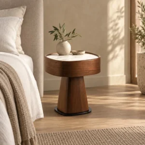 Halo Walnut Pedestal Nightstand in walnut — front view