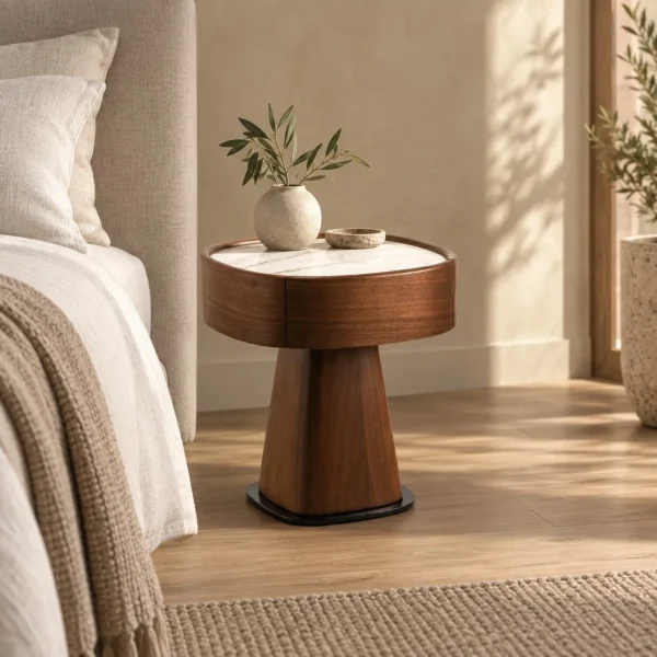 Halo Walnut Pedestal Nightstand in walnut — in a room setting