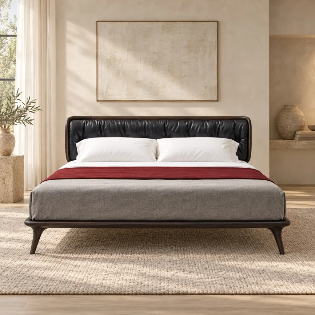 Lumi Curved Leather Headboard Bed in black — front view