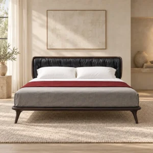 Lumi Curved Leather Headboard Bed in black — front view