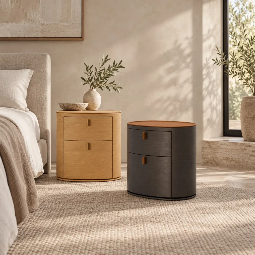 Matea Oval Leather-Wrapped Nightstand in clay — front view