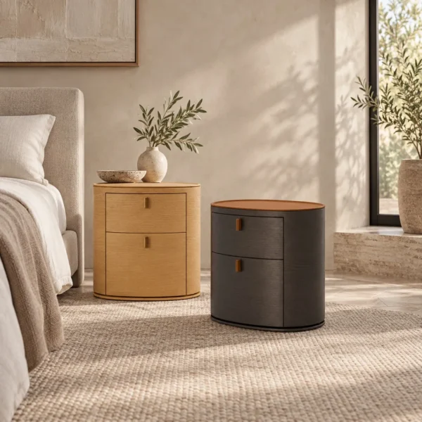 Matea Oval Leather-Wrapped Nightstand in clay — in a room setting