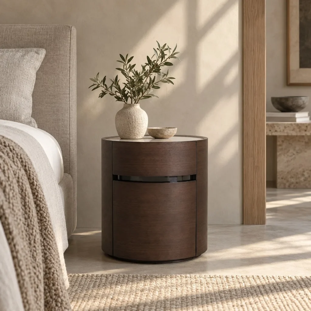 Milky Way Cylindrical Nightstand with Metal Band in clay — front view