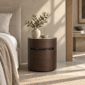 Milky Way Cylindrical Nightstand with Metal Band in clay — front view