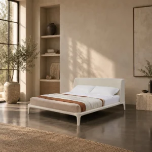 Ona Fully Upholstered White Bed in ivory — front view