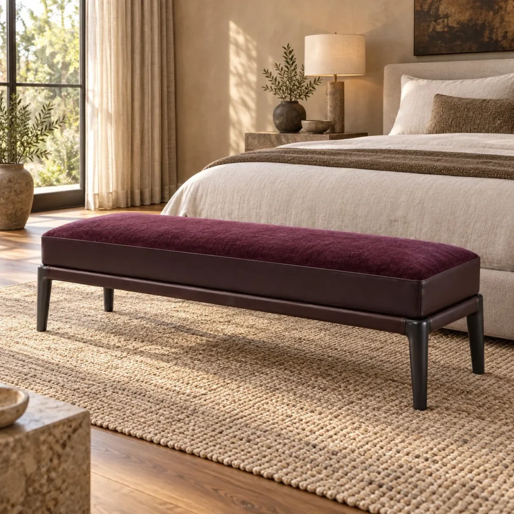 Burgundy Velvet Bed-End Bench in burgundy — in a room setting