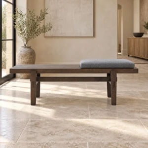 Dark Timber Slat Bench with Grey Cushion in walnut — front view
