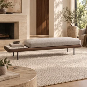 Walnut and Metal Bench with Cream Cushion in walnut — front view