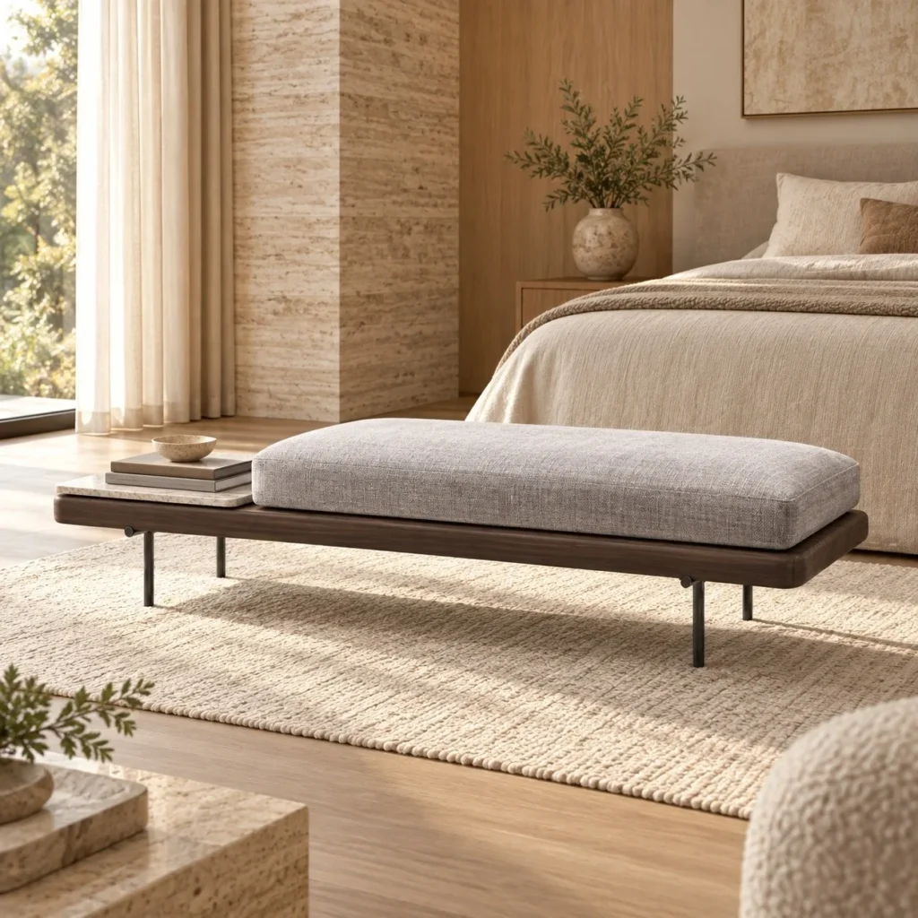 Walnut and Metal Bench with Cream Cushion in walnut — in a room setting