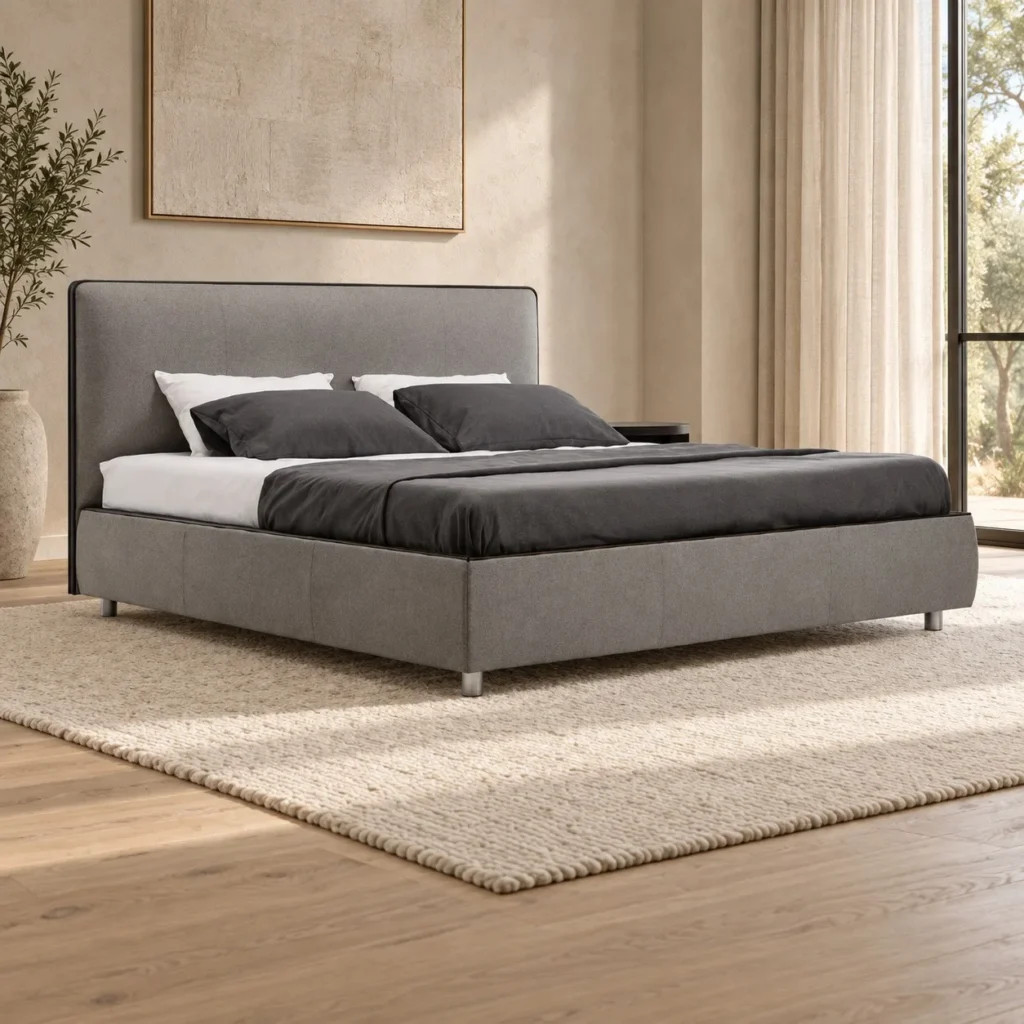 Grey Upholstered Bed with Piped Headboard in slate — front view