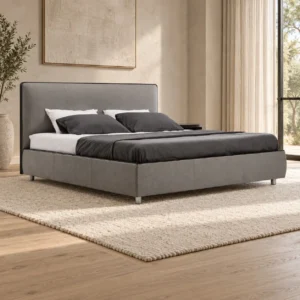 Grey Upholstered Bed with Piped Headboard in slate — front view