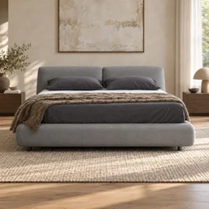 Grey Bed with Twin Pillow Headboard in slate — front view