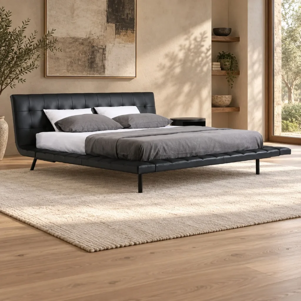 Black Leather Bed with Tufted Headboard on Metal Legs in black — front view