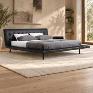 Black Leather Bed with Tufted Headboard on Metal Legs in black — in a room setting